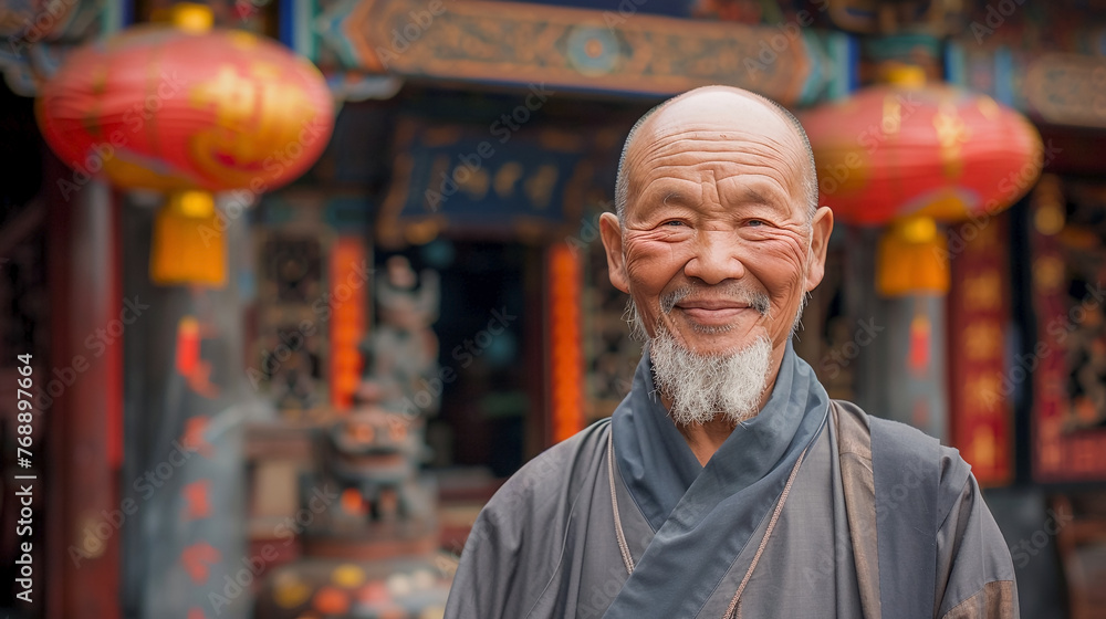 portrait of old Chinese monk at Chinese ceremony at temple. portrait of old Chinese monk at Chinese ceremony at temple.