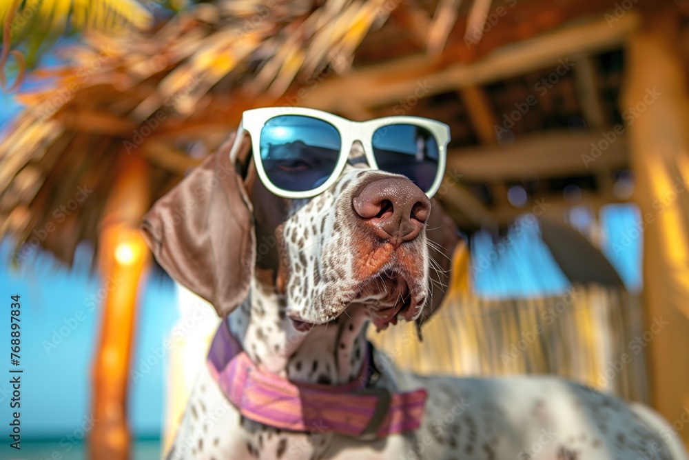 pointer in trendy shades with a beach cabana backdrop