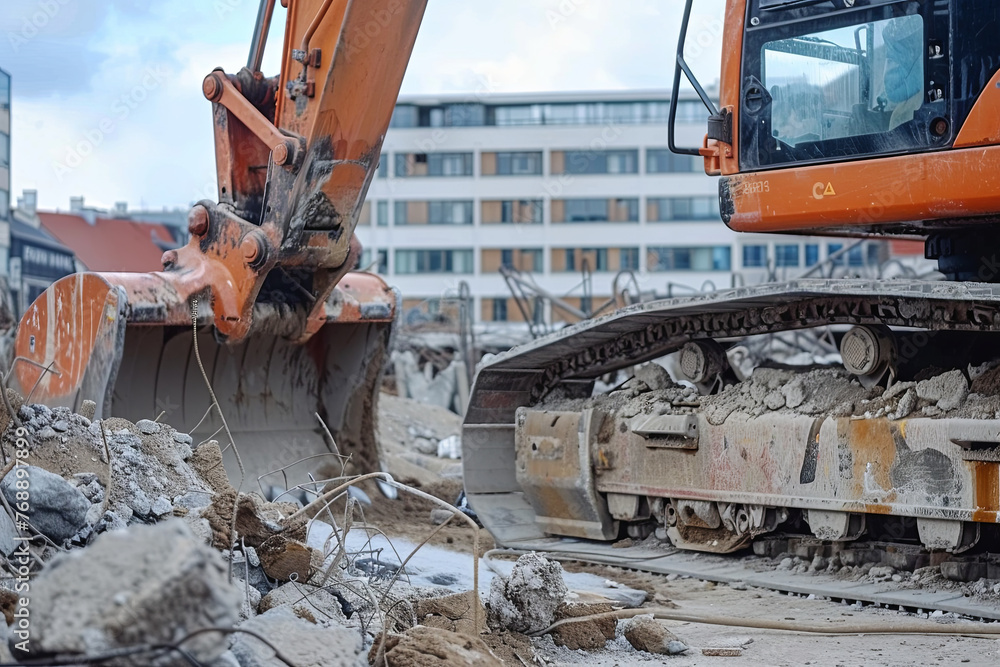 Fototapeta premium Lateral view of a big crawler excavator working on demolition construction site 