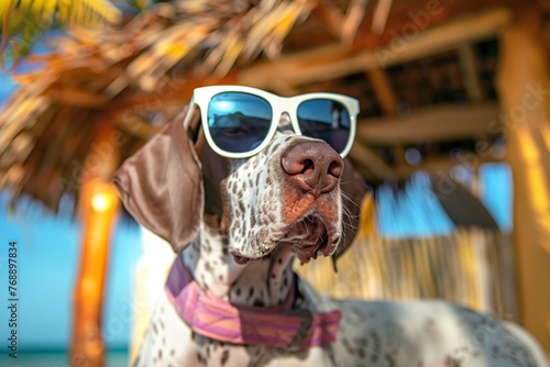 pointer in trendy shades with a beach cabana backdrop