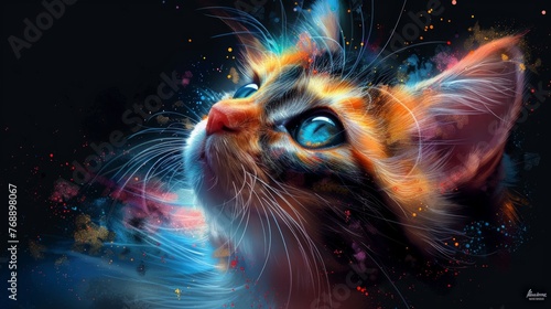 The colorful cat with large eyes has vibrant feathers in every shade of the rainbow, Generated by AI.