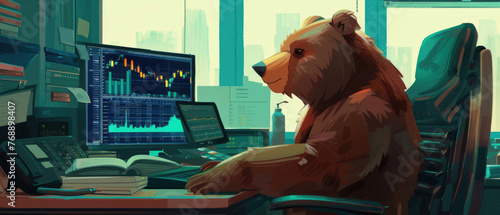 Bear stock trading investor, trader analyzing finance charts as concept of stock exchange market fall, global recession, falling economy, financial crisis, inflation, volatility. Bearish stock market.