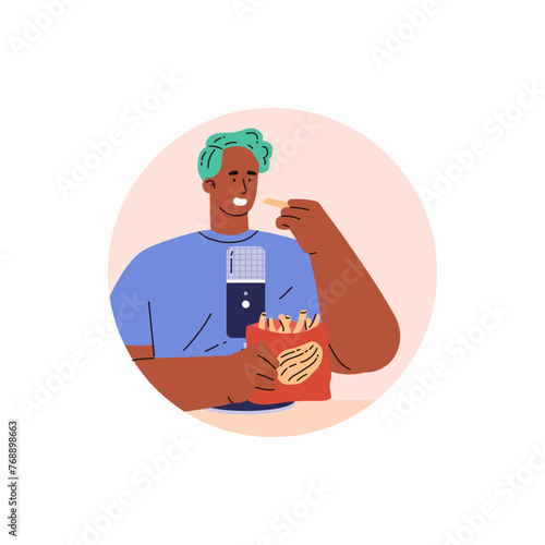 A vector icon with an image of an ASMR blogger guy with a microphone eating french fries/