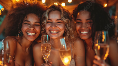 Three women are smiling and holding glasses of champagne. They are dressed up and seem to be celebrating something photo