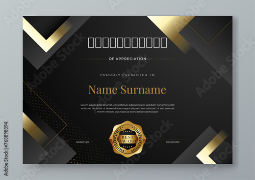 Black white and gold certificate design with luxury and modern certificate award design template pattern. Certificate of achievement, awards diploma, education, school