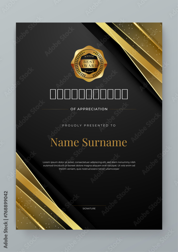 Black white and gold certificate of appreciation border template with luxury badge and modern line and shapes. Certificate of achievement, awards diploma, education, school Black white and gold certificate of appreciation border template with luxury badge and modern line and shapes. Certificate of achievement, awards diploma, education, school