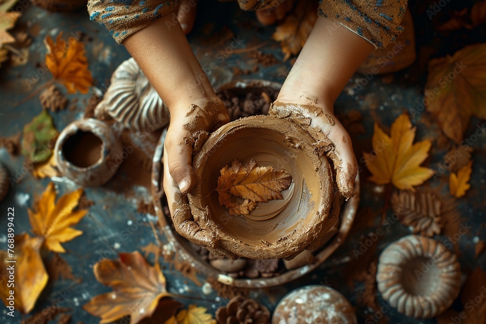 Child's hands with clay, top angle, warm lighting, rustic texture, creative moment