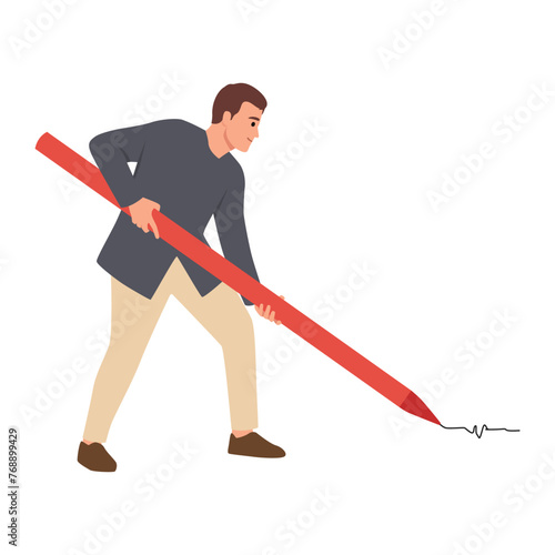 Man hold big pencil. Writer making sign. Flat vector illustration isolated on white background