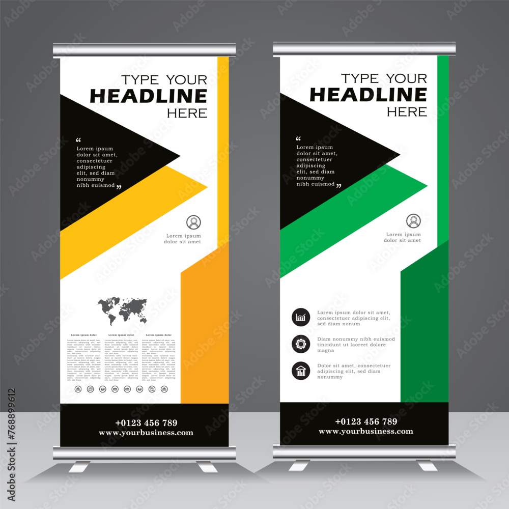 Roll-up banner design tempalte, creative stand banner for conferences, advertising of goods and services, modern flat style, banner for seminars. yellow and green color roll up, Roll-up banner design tempalte, creative stand banner for conferences, advertising of goods and services, modern flat style, banner for seminars. yellow and green color roll up,