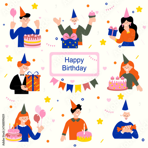 Happy positive people,party Happy Birthday.  Flat graphic vector illustration isolated on white background