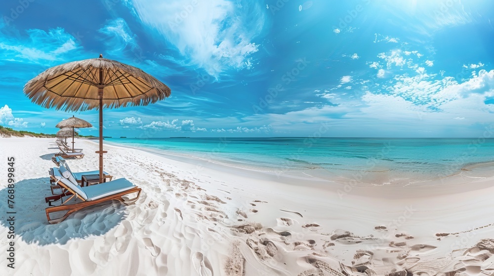 Serene beach scene: wide panorama of beautiful white sand, lounge chairs, and umbrella - ideal travel tourism banner background with relaxing coastal landscape