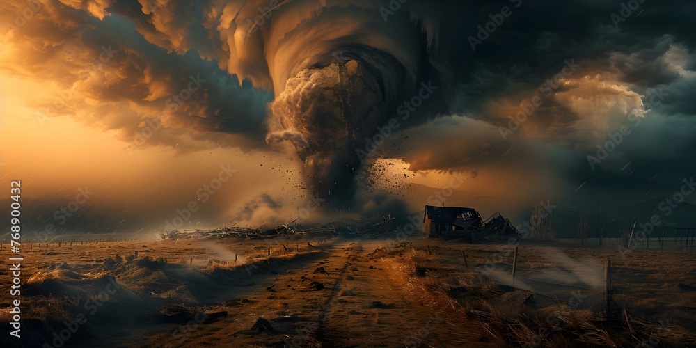 Devastation Unleashed: A Powerful Tornado Strikes a Rural Area Amidst Stormy Skies. Concept Natural Disaster, Tornado Damage, Stormy Weather, Rural Area, Crisis Management - obrazy, fototapety, plakaty 
