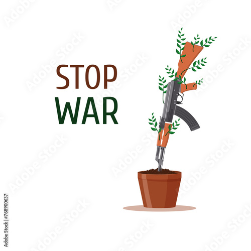 The machine gun is planted in a pot and sprouts green shoots with leaves. Stop the war concept. Vector illustration.