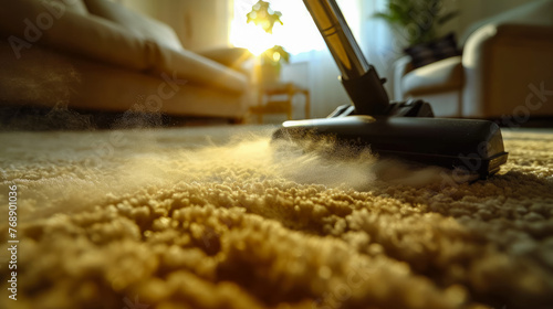 A vacuum cleaner is on a carpet, and the carpet is full of dust. Concept of cleaning and the importance of maintaining a clean environment photo