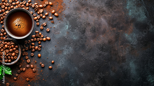 A coffee cup with coffee and coffee beans on a table