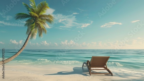 tropical island getaway: relaxing chaise lounge under palm tree canopy, serene vacation scene