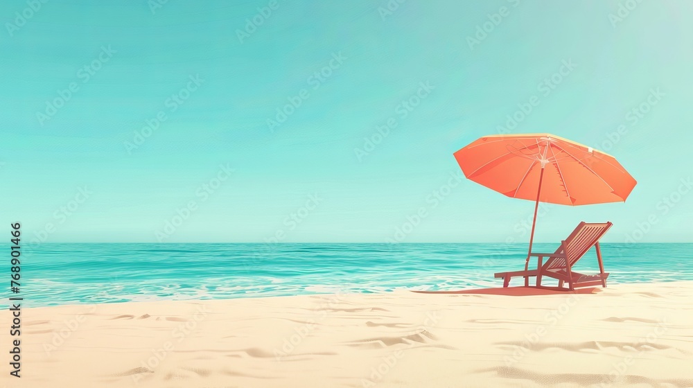 Beautiful wide panorama of tranquil beach scene with white sand, lounge chairs, and umbrella - ideal travel and tourism banner background, relaxation concept