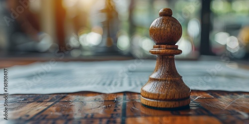 A wooden chess pawn piece is positioned on top of a financial newspaper symbolizing the connection between strategic photo