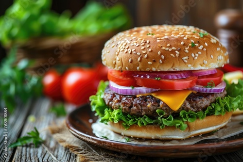 Gourmet Cheeseburger on Rustic Wooden Table