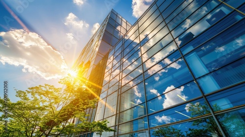 building with sunrise behind it