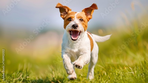 Cheerful puppy happily frolicking and running on the lush green grass field outdoors