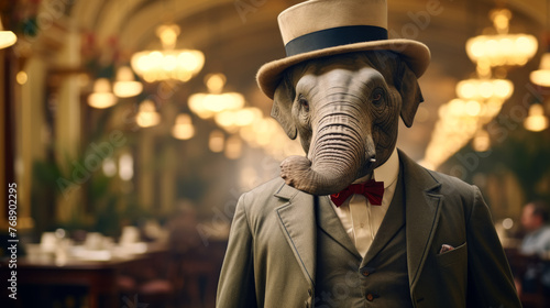 A man in a hat and suit is posing for a picture. He is an elephant. The image has a whimsical and playful mood