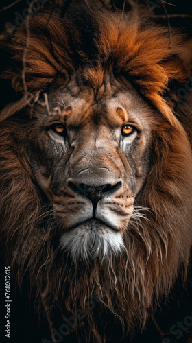 A lion with a golden mane and yellow eyes. The lion is looking directly at the camera