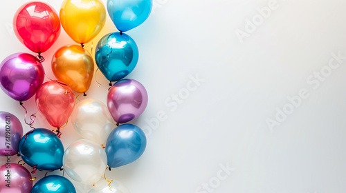 A bunch of colorful balloons are arranged in a row. The balloons are of different colors and sizes, creating a vibrant and lively atmosphere
