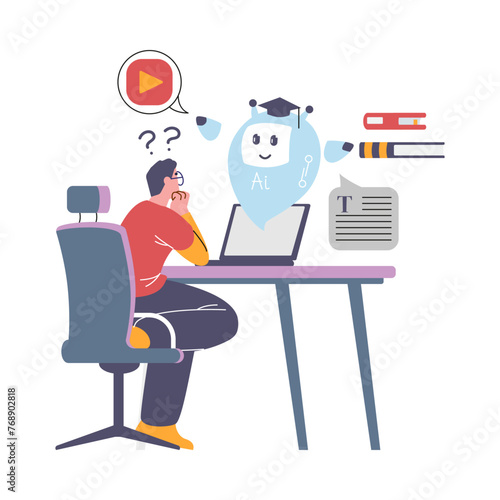 Schoolboy with laptop studying with chat bot, website with ai robotic assistance, vector digital education online lesson