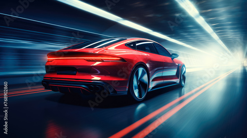 A red car is driving down a tunnel. The tunnel is illuminated by a bright light, creating a sense of speed and excitement. The car is sleek and modern