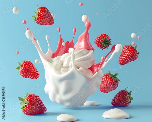 3D-rendered milk twister swirling with drops, alongside strawberries, in high definition against a cyan backdrop photo