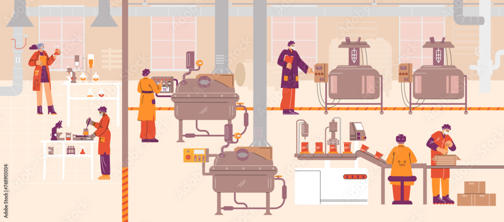 Scene of workers and production line of a cosmetic factory. Scene of workers and production line of a cosmetic factory.