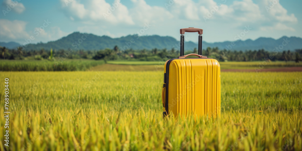 A yellow travel suitcase stands on a green rice field. Vacation concept with hand luggage in tall grass with tropical landscape. - obrazy, fototapety, plakaty 