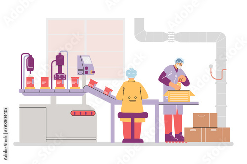 Cosmetics production industry, moving automatic conveyor line with bottles and operator employees vector illustration
