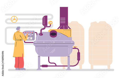 Cosmetics production industry, mixer tank automatic machine with operator staff, factory technology process vector