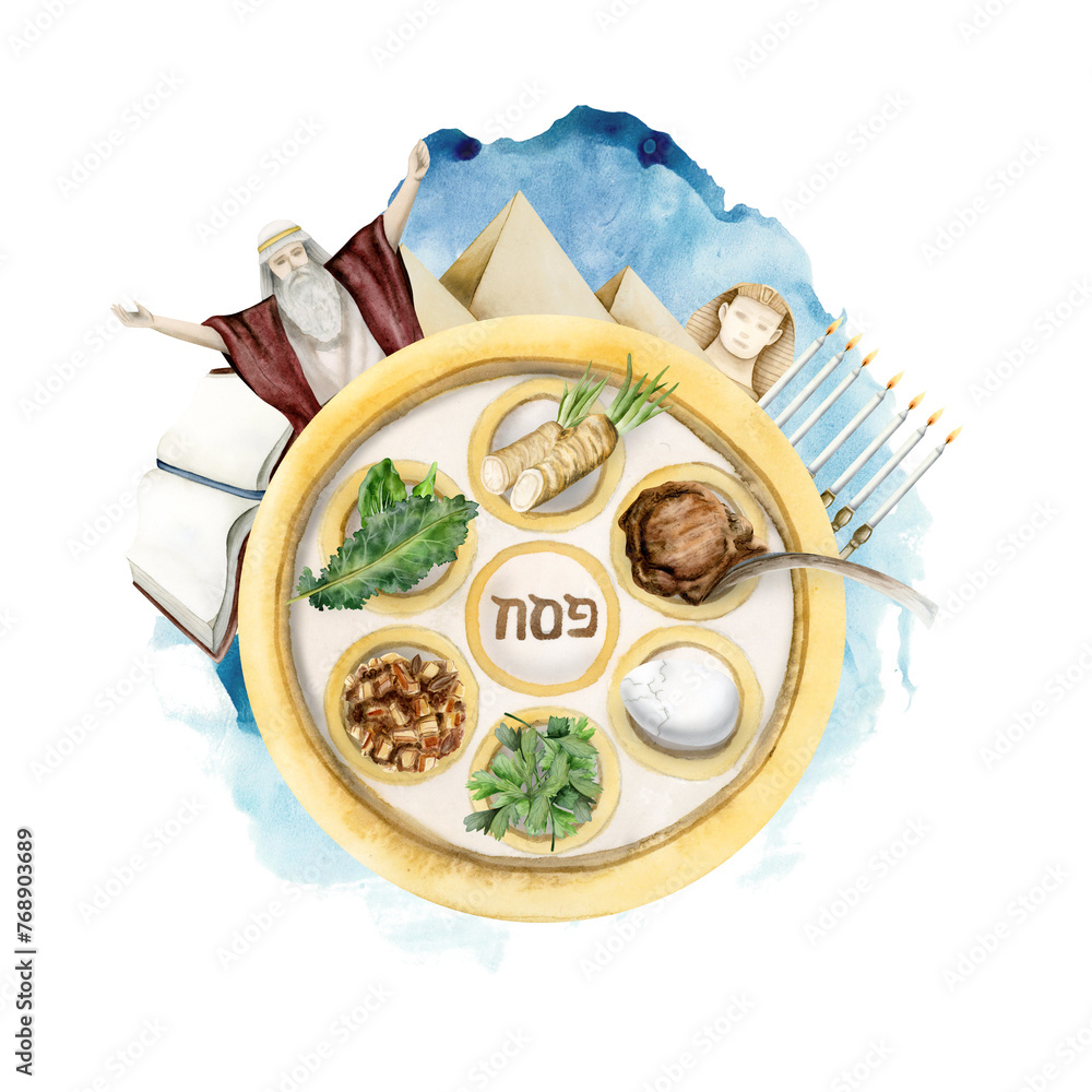 Passover Exodus story with seder plate and holiday food watercolor ...