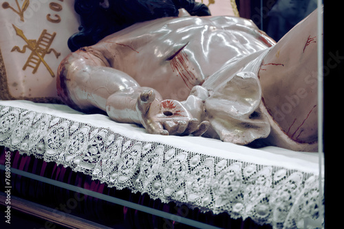 Good Friday. Dead Jesus Statue. Hand's close-up