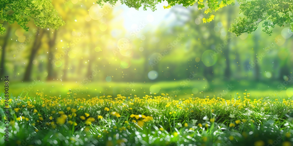 Obraz premium Spring field with fresh nature. Green spring meadows with blurred forest in the background.A beautiful spring summer meadow. Natural colorful panoramic landscape with many wild flowers of daisies