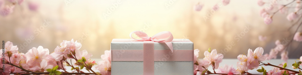 Wide view of gift box with pink cherry or apple tree blossom. Spring and summer seasonal sales theme. Wide view of gift box with pink cherry or apple tree blossom. Spring and summer seasonal sales theme.