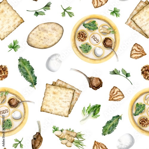 Passover traditional kosher food with seder plate watercolor seamless pattern on white with matzos for Jewish holiday designs, wrapping paper and tablecloths © Elena Malgina