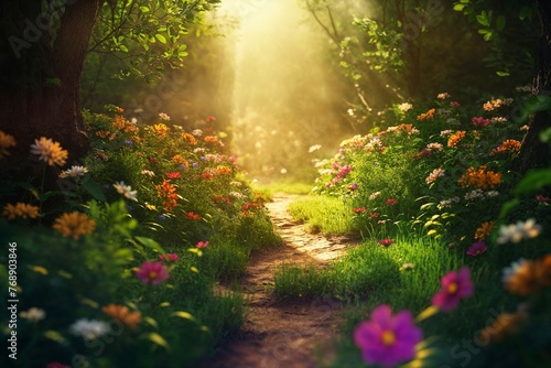 Sunlit Flower-Lined Forest Pathway Leading Unknown