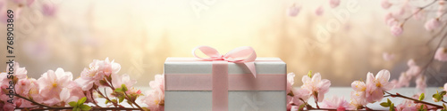 Wide view of gift box with pink cherry or apple tree blossom. Spring and summer seasonal sales theme.
