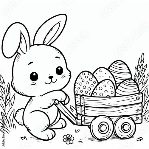 rabbit pushes a trailer with eggs Easter illustration coloring page