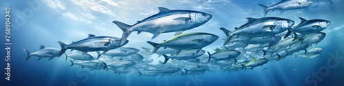 Large flock herring fish in the sun rays underwater. Wide angle view of seafood advertising banner.