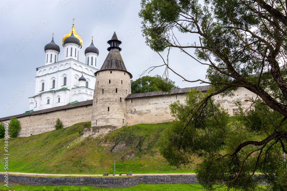 View of the Holy Trinity Cathedral and the walls of the Kremlin in Pskov, Russia