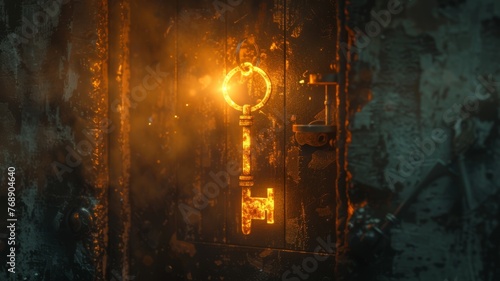 A glowing key suspended in mid-air, door hidden in shadows photo