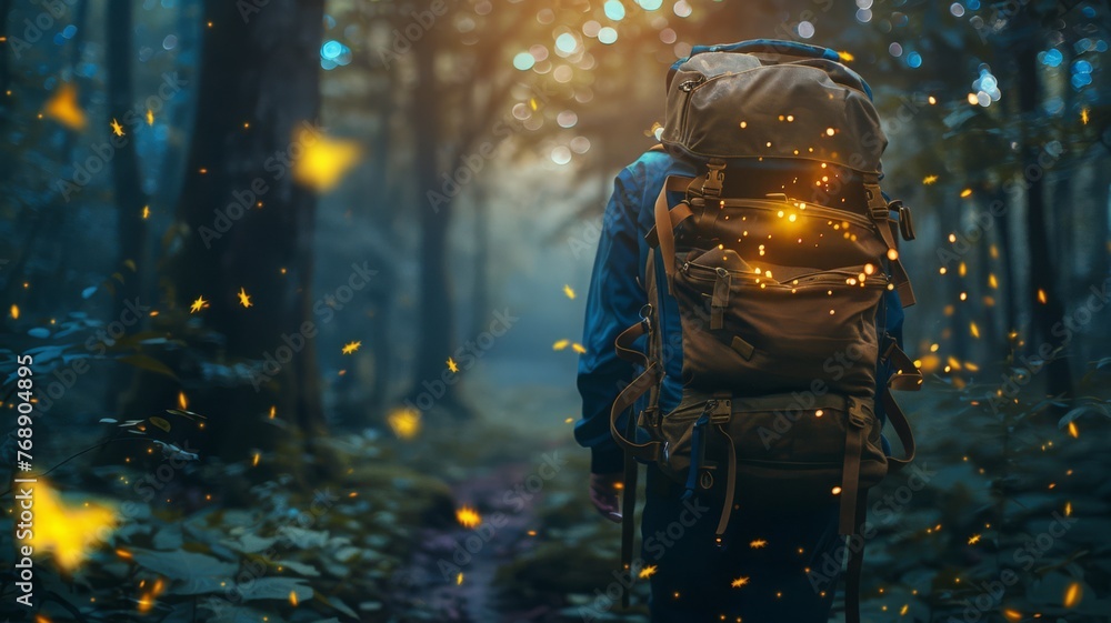 Backpack opening to release a flurry of glowing fireflies - obrazy, fototapety, plakaty 