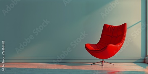 Minimalistic red chair casting a dramatic shadow against a cool blue wall © rorozoa