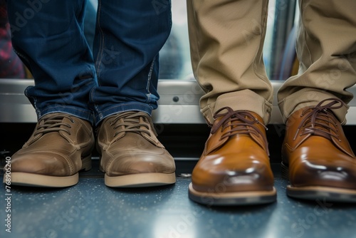 closeup on feet, standing passenger wearing casual and formal shoes side by side