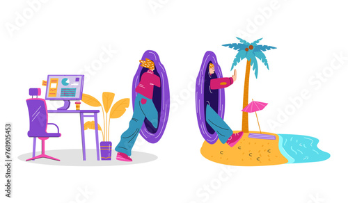 Person goes through teleport portal from office to the beach, escape from work to rest, vector space dimension travel